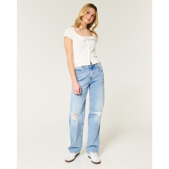 Hollister High Rise Dad Jeans Distressed Light Wash Blue Size 9R 29X31 Americana - Picture 2 of 10